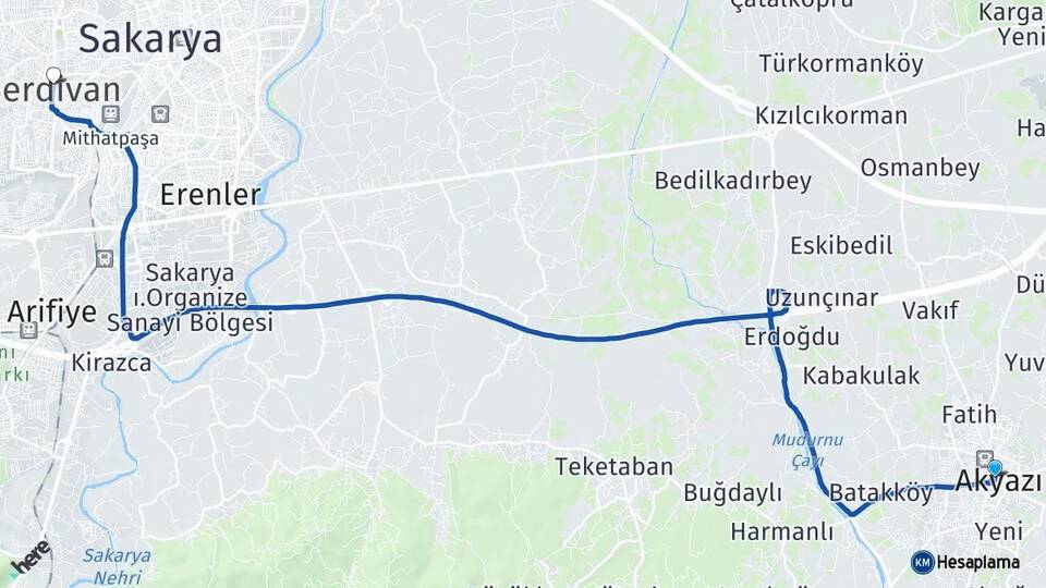 Sakarya Akyazı Serdivan Arası Kaç Km - Yol Haritası