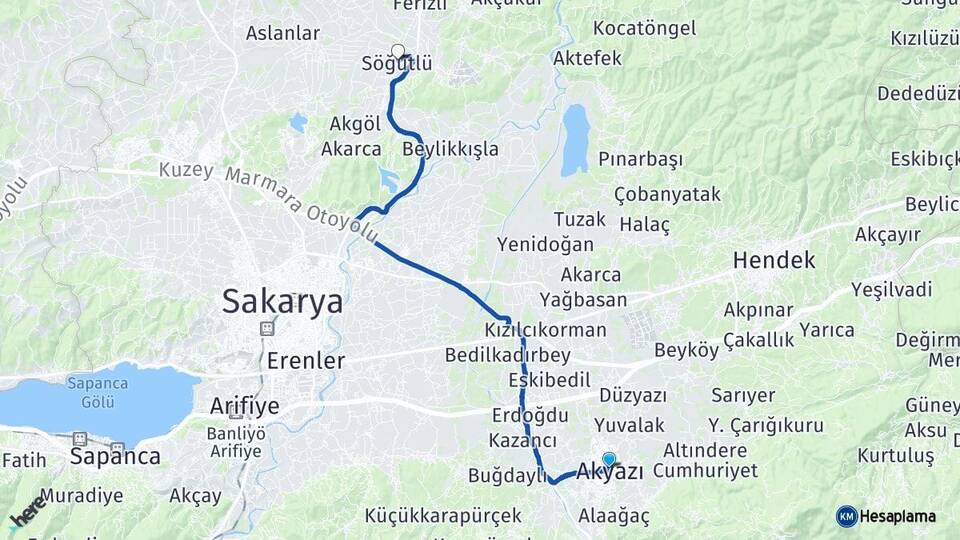 Sakarya Akyazı Söğütlü Arası Kaç Km - Yol Haritası