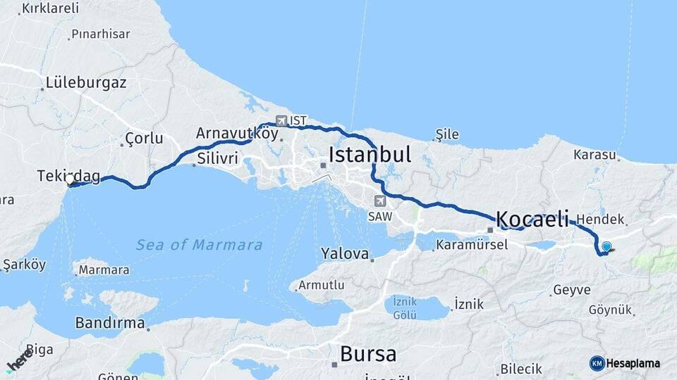 Sakarya Akyazı Tekirdağ Arası Kaç Km - Yol Haritası