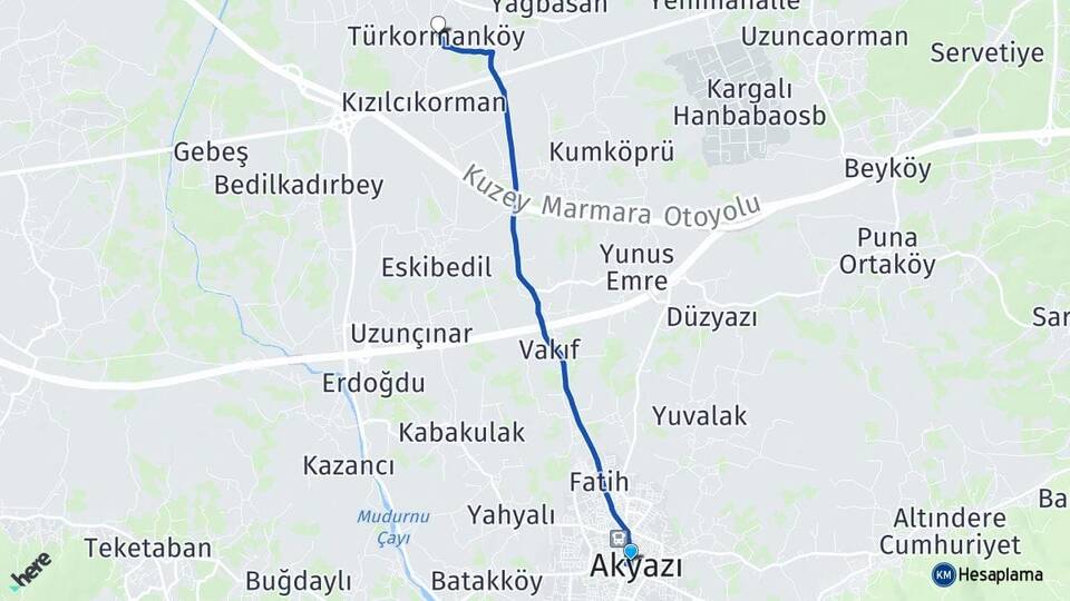 Sakarya Akyazı Türkormanköy Akyazı Arası Kaç Km - Yol Haritası
