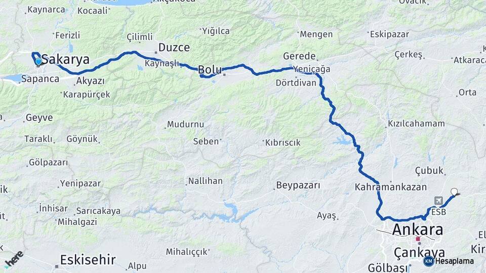 Sakarya Akyurt Ankara Arası Kaç Km - Yol Haritası
