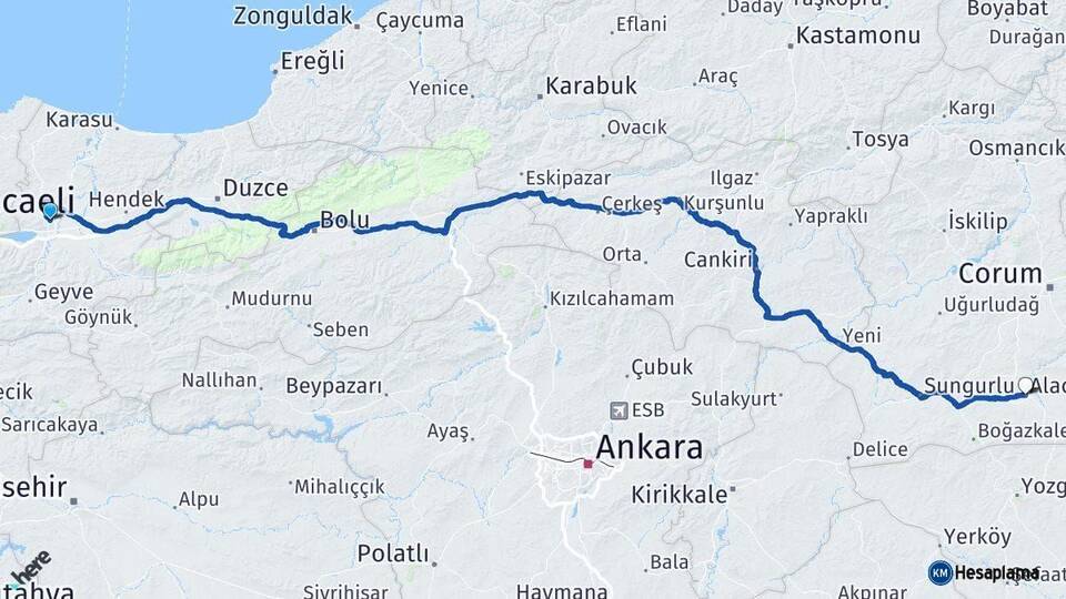 Sakarya Alaca Çorum Arası Kaç Km - Yol Haritası