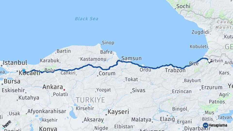 Sakarya Arifiye Artvin Arası Kaç Km - Yol Haritası