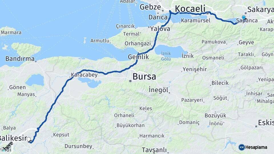 Sakarya Arifiye Balıkesir Arası Kaç Km - Yol Haritası