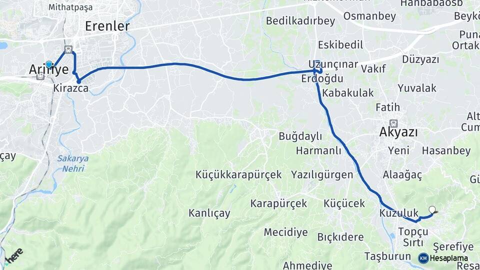 Sakarya Arifiye Kuzuluk Ortamahalle Akyazı Arası Kaç Km - Yol Haritası
