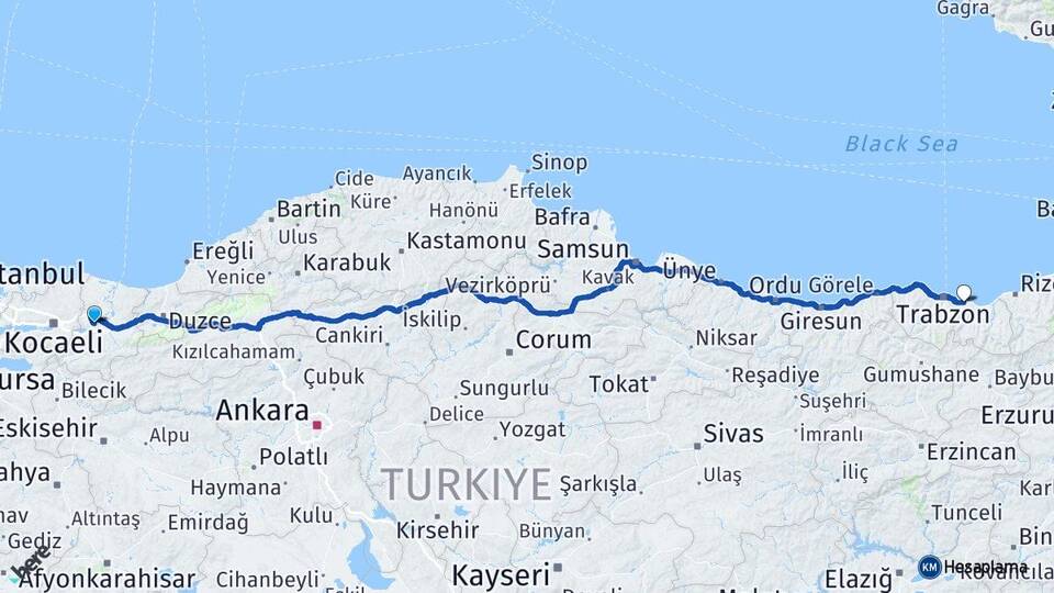 Sakarya Arsin Trabzon Arası Kaç Km - Yol Haritası