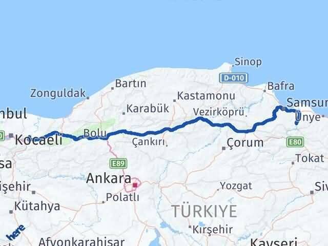 Sakarya Ayvacık Samsun Arası Kaç Km - Yol Haritası