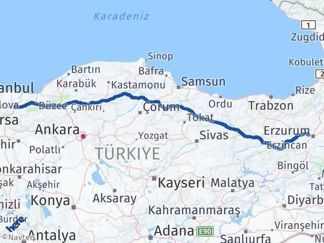 Sakarya Aziziye Erzurum Arası Kaç Km - Yol Haritası