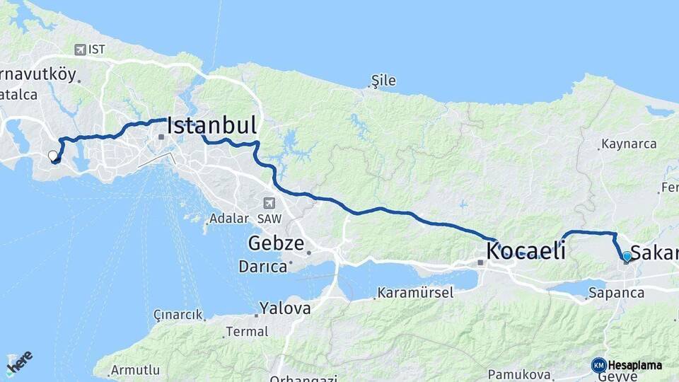 Sakarya Beylikdüzü İstanbul Arası Kaç Km - Yol Haritası