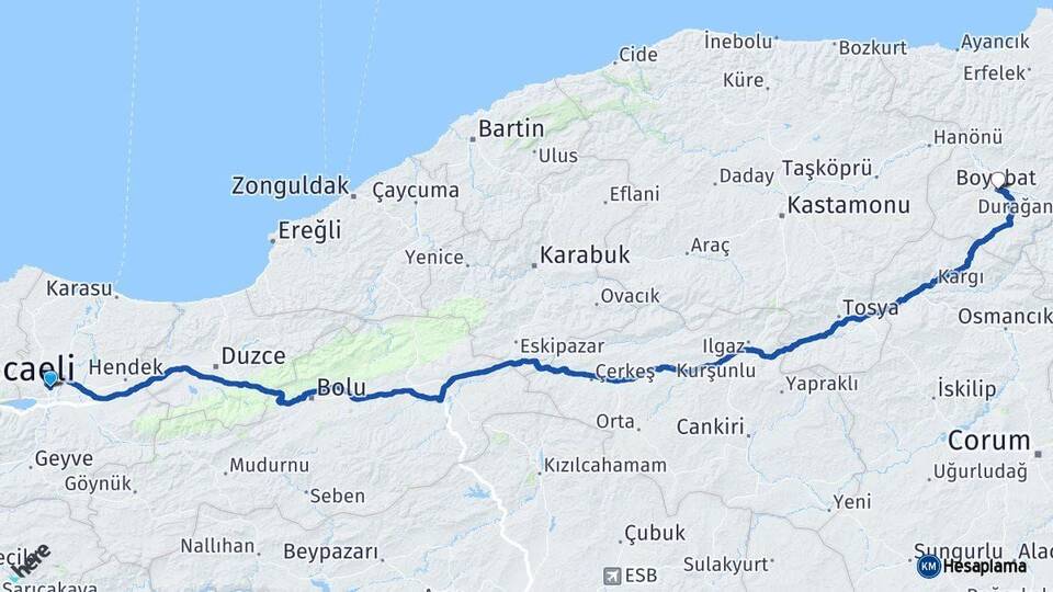 Sakarya Boyabat Sinop Arası Kaç Km - Yol Haritası