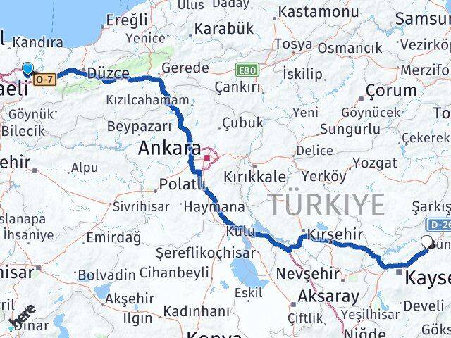 Sakarya Bünyan Kayseri Arası Kaç Km - Yol Haritası
