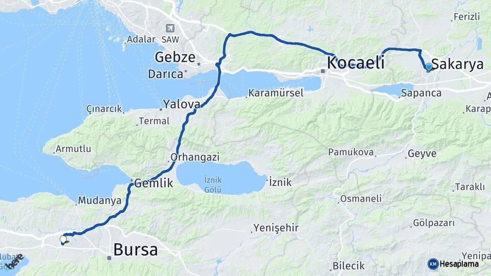 Sakarya Bursa Uludağ Üniversitesi Arası Kaç Km - Yol Haritası