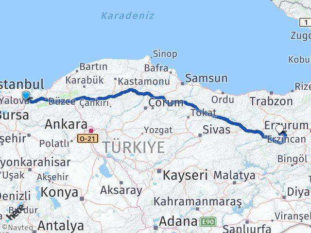 Sakarya Çayırlı Erzincan Arası Kaç Km - Yol Haritası