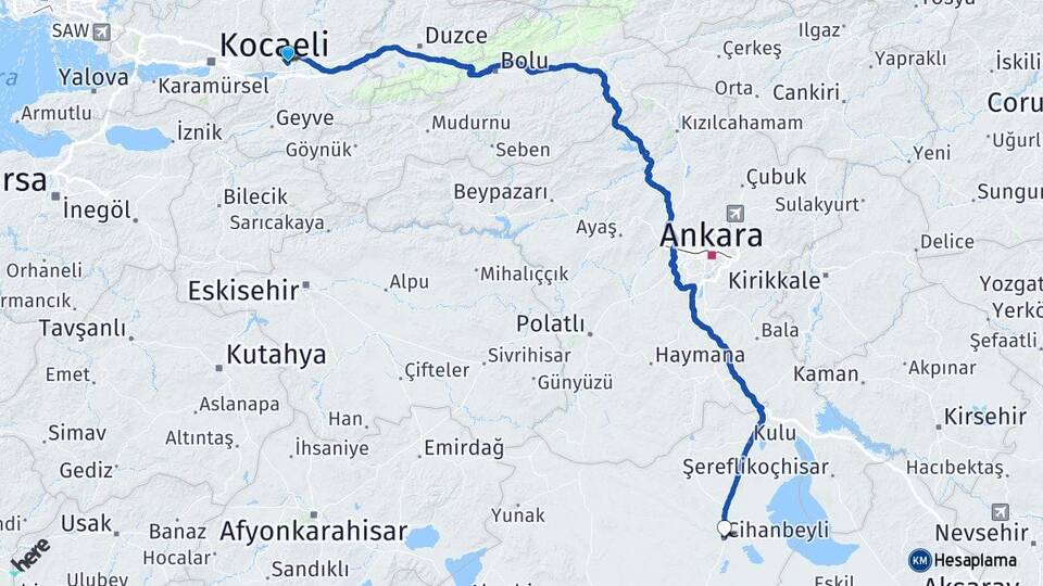 Sakarya Cihanbeyli Konya Arası Kaç Km - Yol Haritası