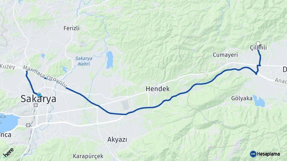 Sakarya Çilimli Düzce Arası Kaç Km - Yol Haritası