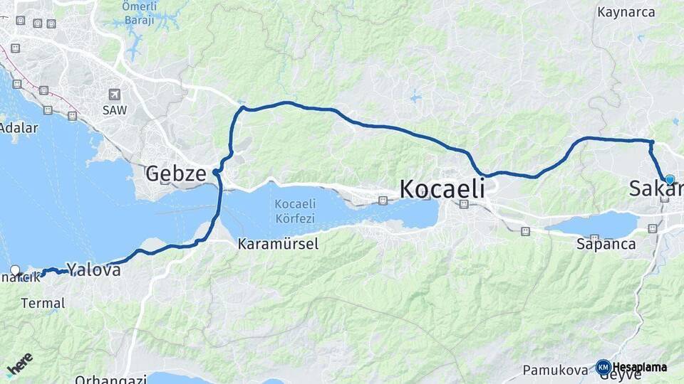 Sakarya Çınarcık Yalova Arası Kaç Km - Yol Haritası