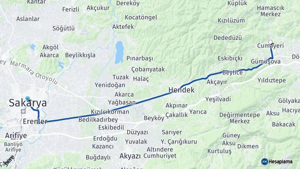 Sakarya Cumayeri Düzce Arası Kaç Km - Yol Haritası