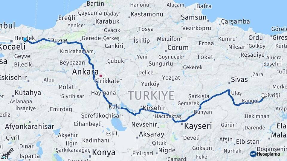 Sakarya Divriği Sivas Arası Kaç Km - Yol Haritası