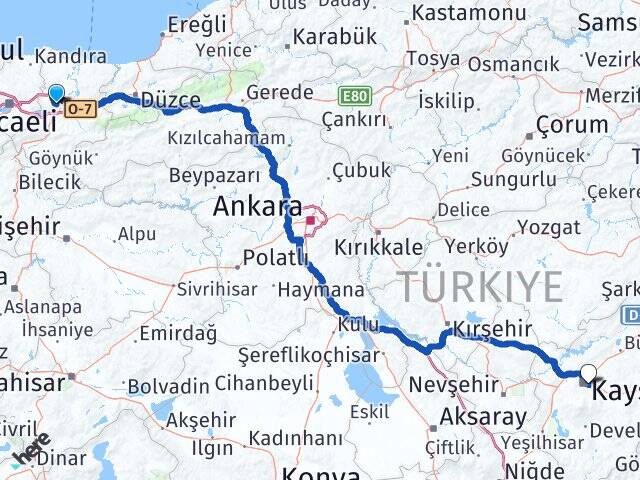 Sakarya Erciyes Üniversitesi Arası Kaç Km - Yol Haritası