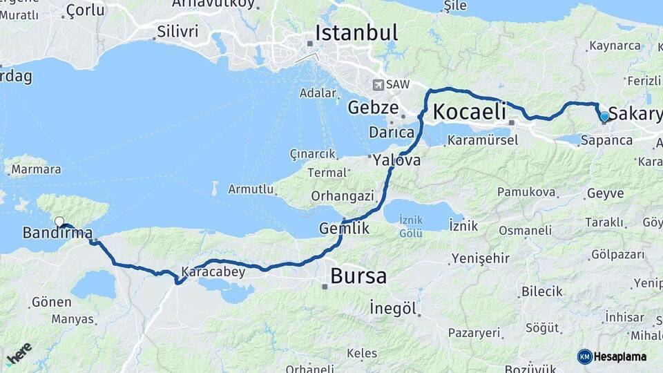 Sakarya Erdek Balıkesir Arası Kaç Km - Yol Haritası