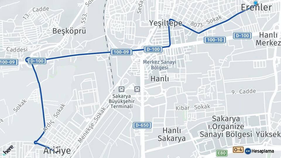 Sakarya Erenler Arifiye Arası Kaç Km - Yol Haritası