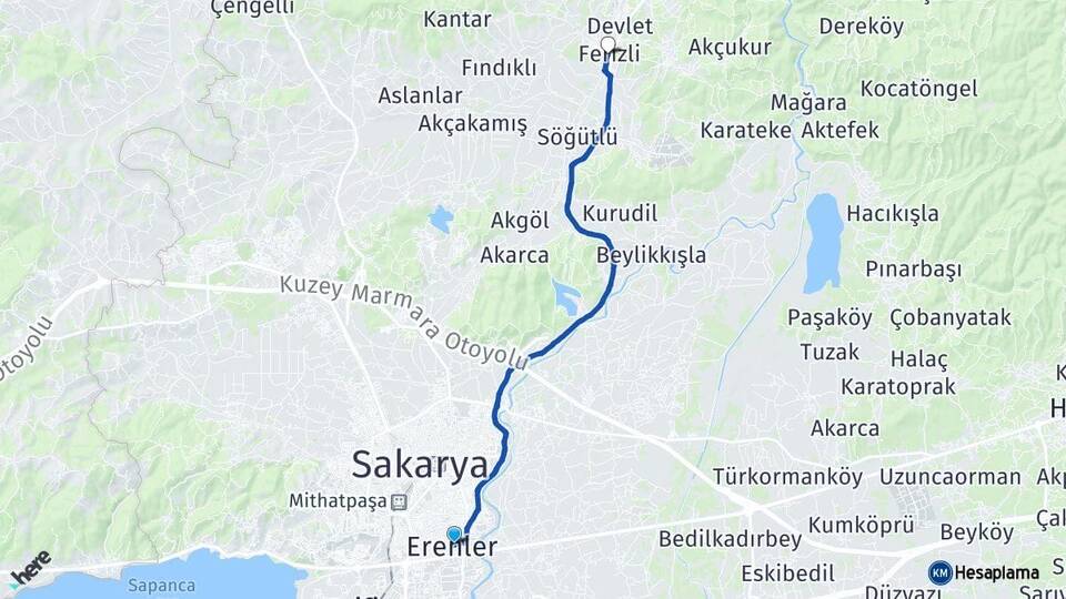Sakarya Erenler Ferizli Arası Kaç Km - Yol Haritası