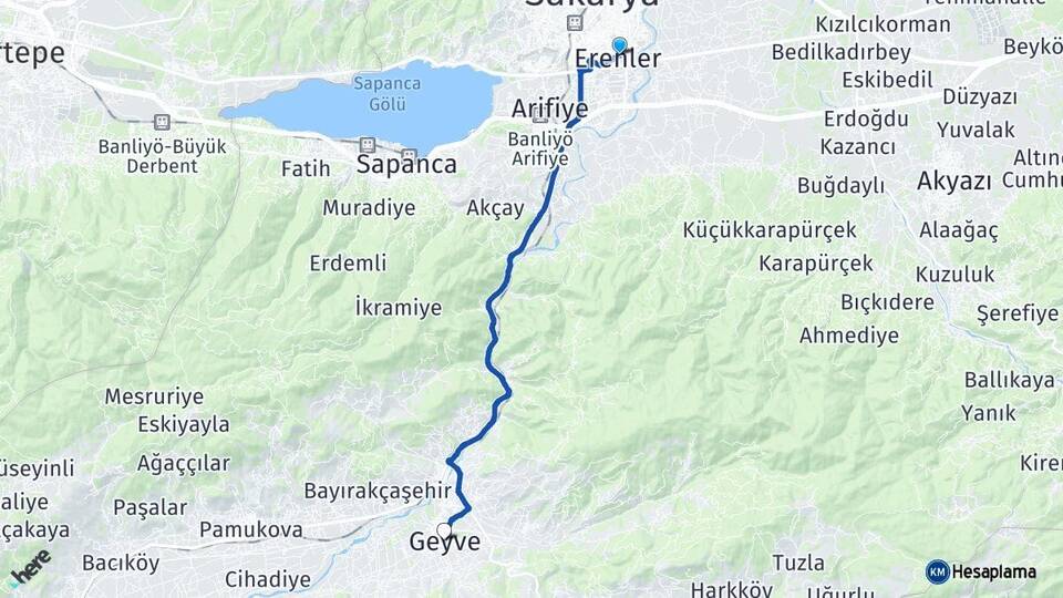 Sakarya Erenler Geyve Arası Kaç Km - Yol Haritası
