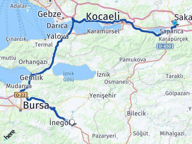 Sakarya Erenler İnegöl Bursa Arası Kaç Km - Yol Haritası