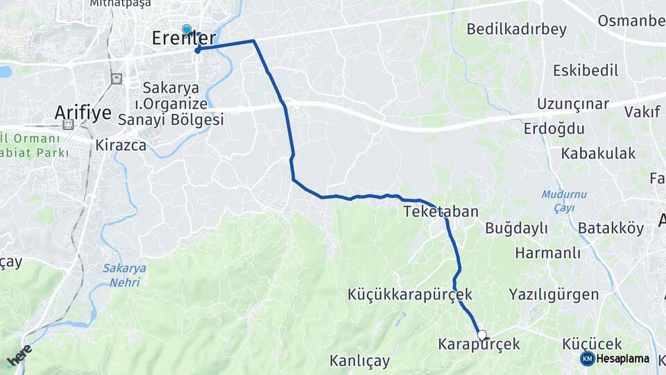 Sakarya Erenler Karapürçek Arası Kaç Km - Yol Haritası