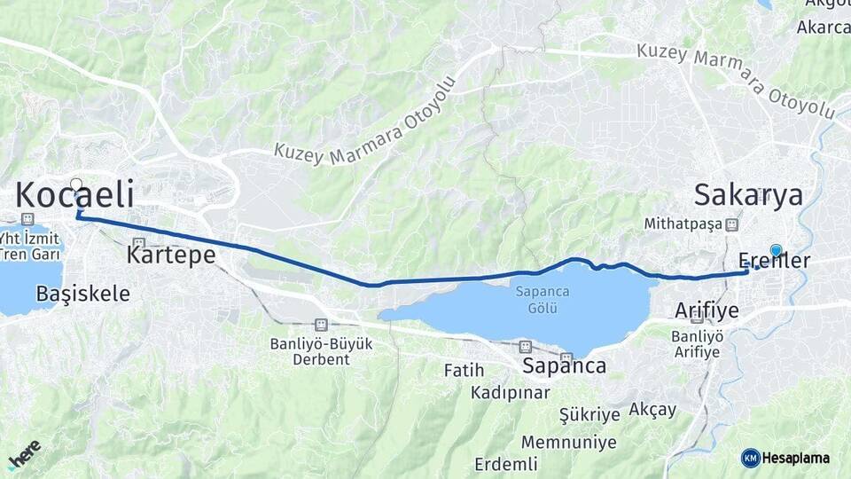 Sakarya Erenler Kocaeli Arası Kaç Km - Yol Haritası