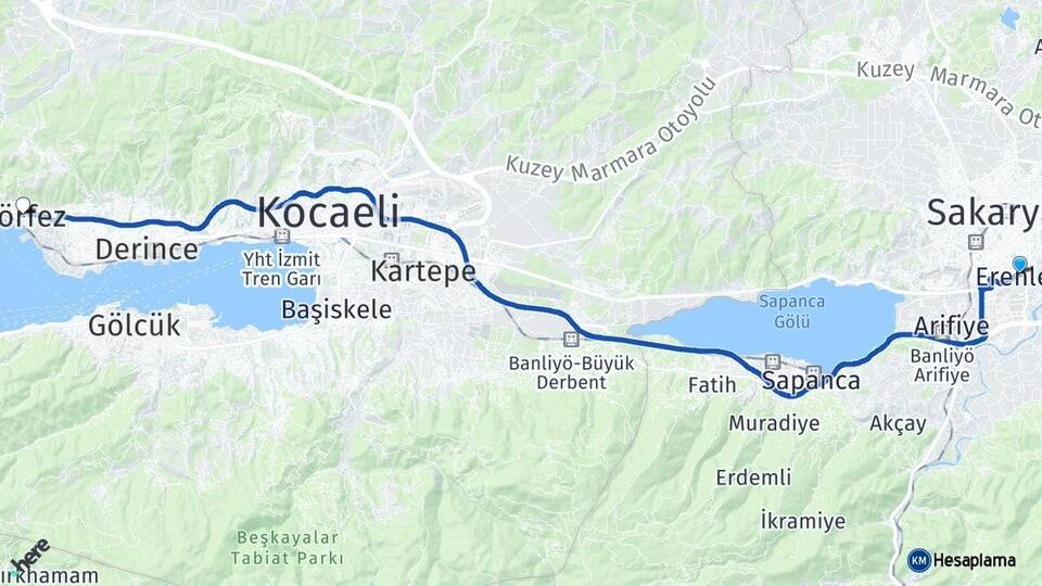 Sakarya Erenler Körfez Kocaeli Arası Kaç Km - Yol Haritası