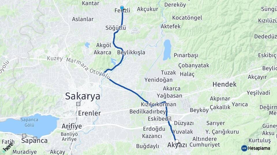 Sakarya Ferizli Akyazı Arası Kaç Km - Yol Haritası