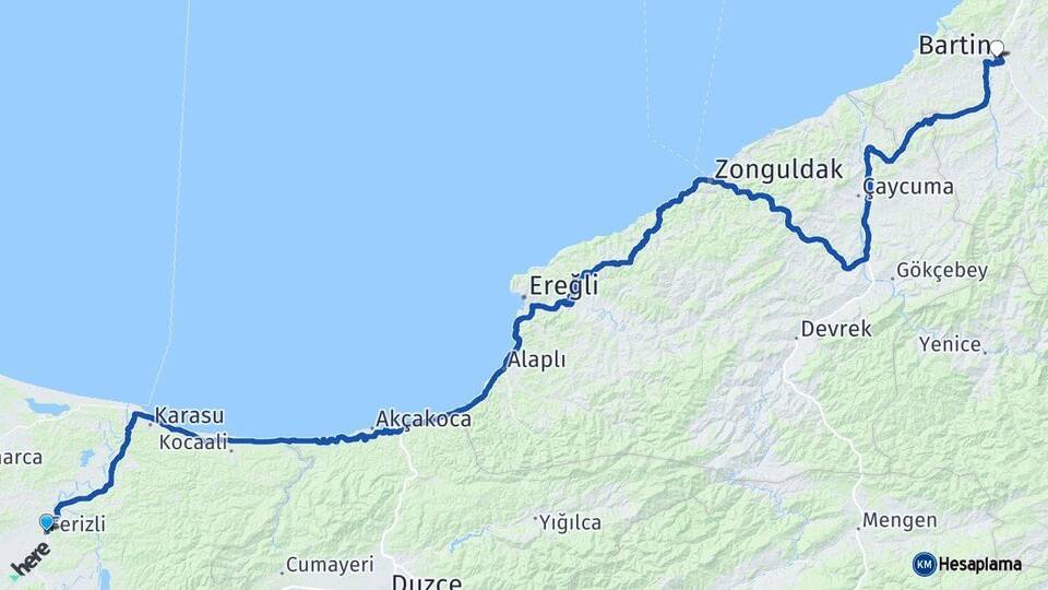 Sakarya Ferizli Bartın Arası Kaç Km - Yol Haritası