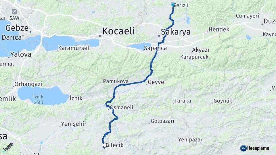 Sakarya Ferizli Bilecik Arası Kaç Km - Yol Haritası