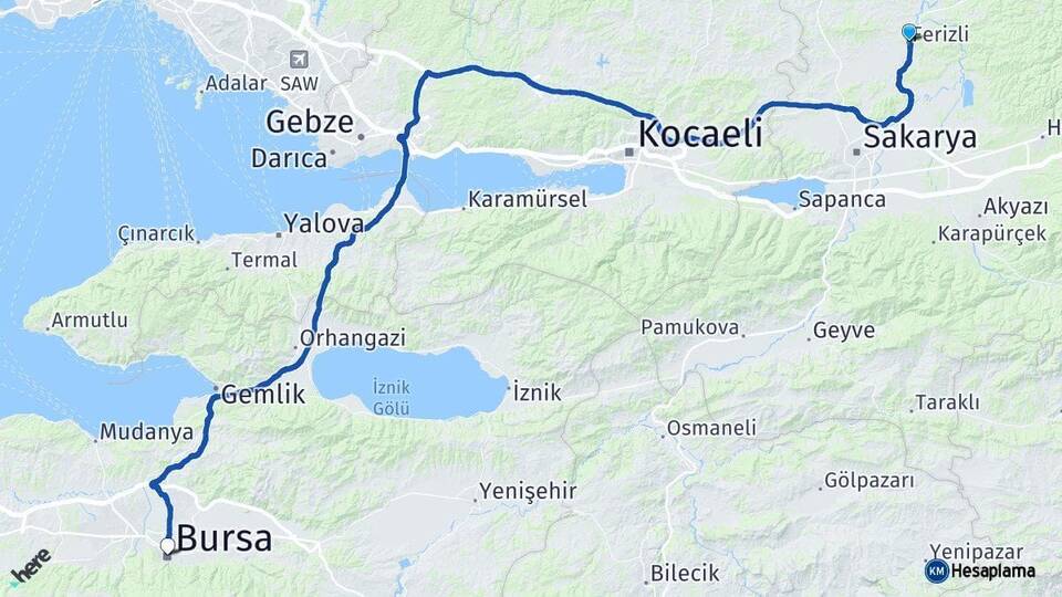 Sakarya Ferizli Bursa Arası Kaç Km - Yol Haritası