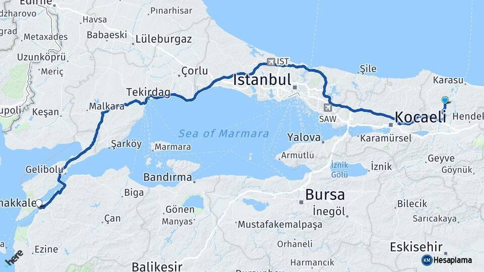 Sakarya Ferizli Çanakkale Arası Kaç Km - Yol Haritası