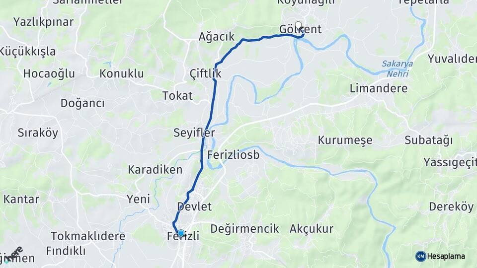 Sakarya Ferizli Gölkent Ferizli Arası Kaç Km - Yol Haritası