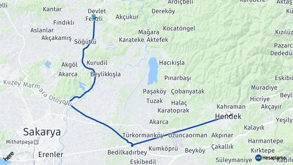 Sakarya Ferizli Hendek Arası Kaç Km - Yol Haritası