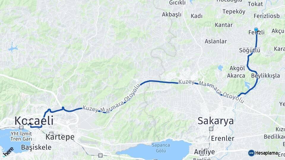 Sakarya Ferizli İzmit Kocaeli Arası Kaç Km - Yol Haritası