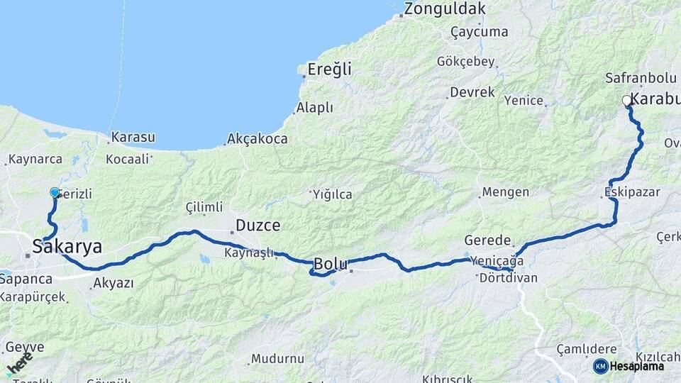 Sakarya Ferizli Karabük Arası Kaç Km - Yol Haritası