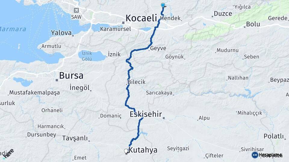 Sakarya Ferizli Kütahya Arası Kaç Km - Yol Haritası