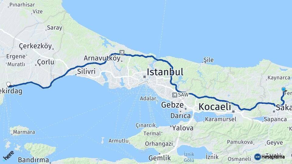 Sakarya Ferizli Tekirdağ Arası Kaç Km - Yol Haritası
