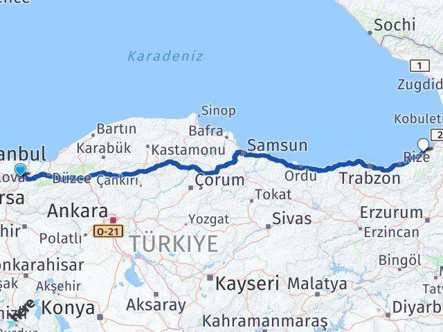 Sakarya Fındıklı Rize Arası Kaç Km - Yol Haritası