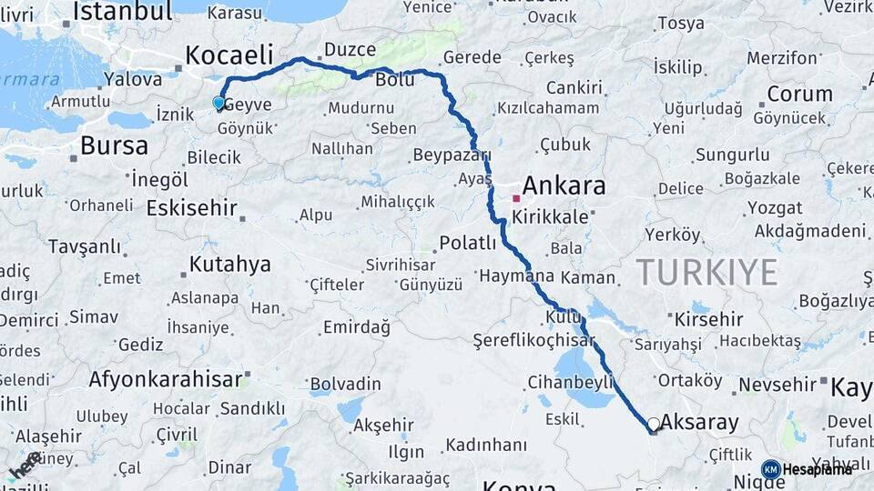 Sakarya Geyve Aksaray Arası Kaç Km - Yol Haritası