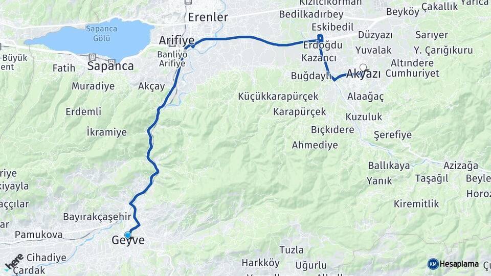 Sakarya Geyve Akyazı Arası Kaç Km - Yol Haritası