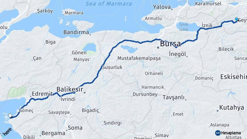 Sakarya Geyve Ayvalık Balıkesir Arası Kaç Km - Yol Haritası