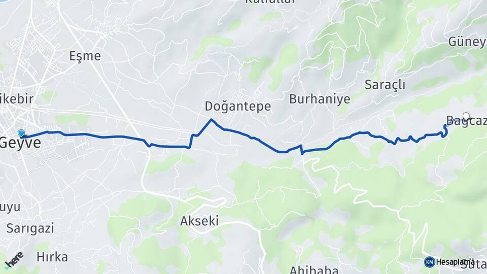 Sakarya Geyve Bağcaz Geyve Arası Kaç Km - Yol Haritası