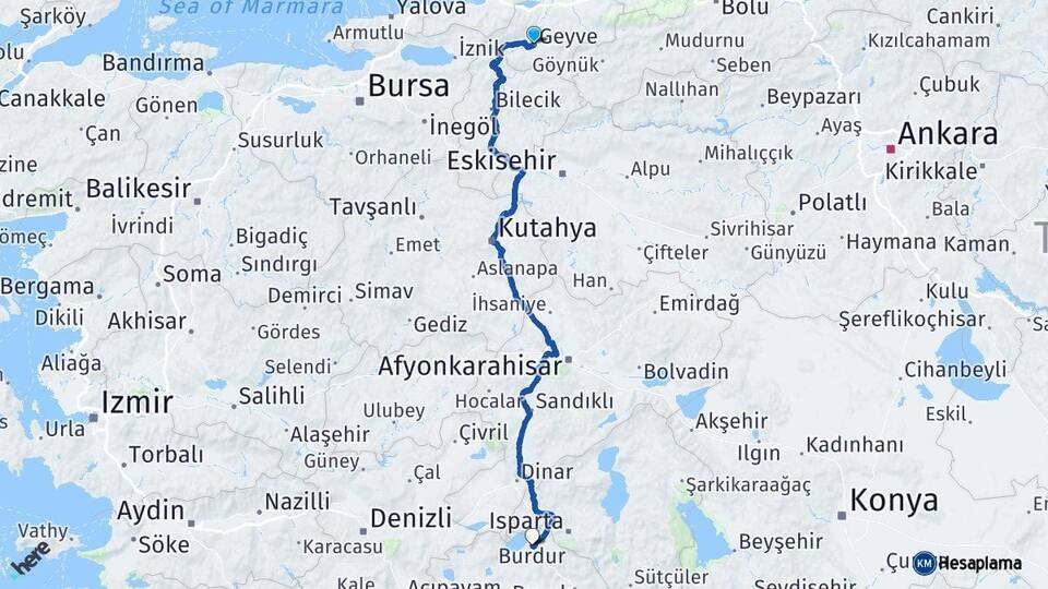 Sakarya Geyve Burdur Arası Kaç Km - Yol Haritası