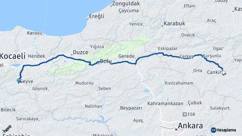 Sakarya Geyve Çankırı Arası Kaç Km - Yol Haritası