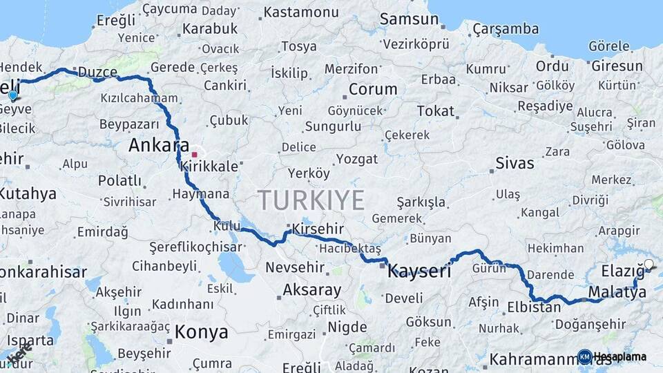 Sakarya Geyve Elazığ Arası Kaç Km - Yol Haritası